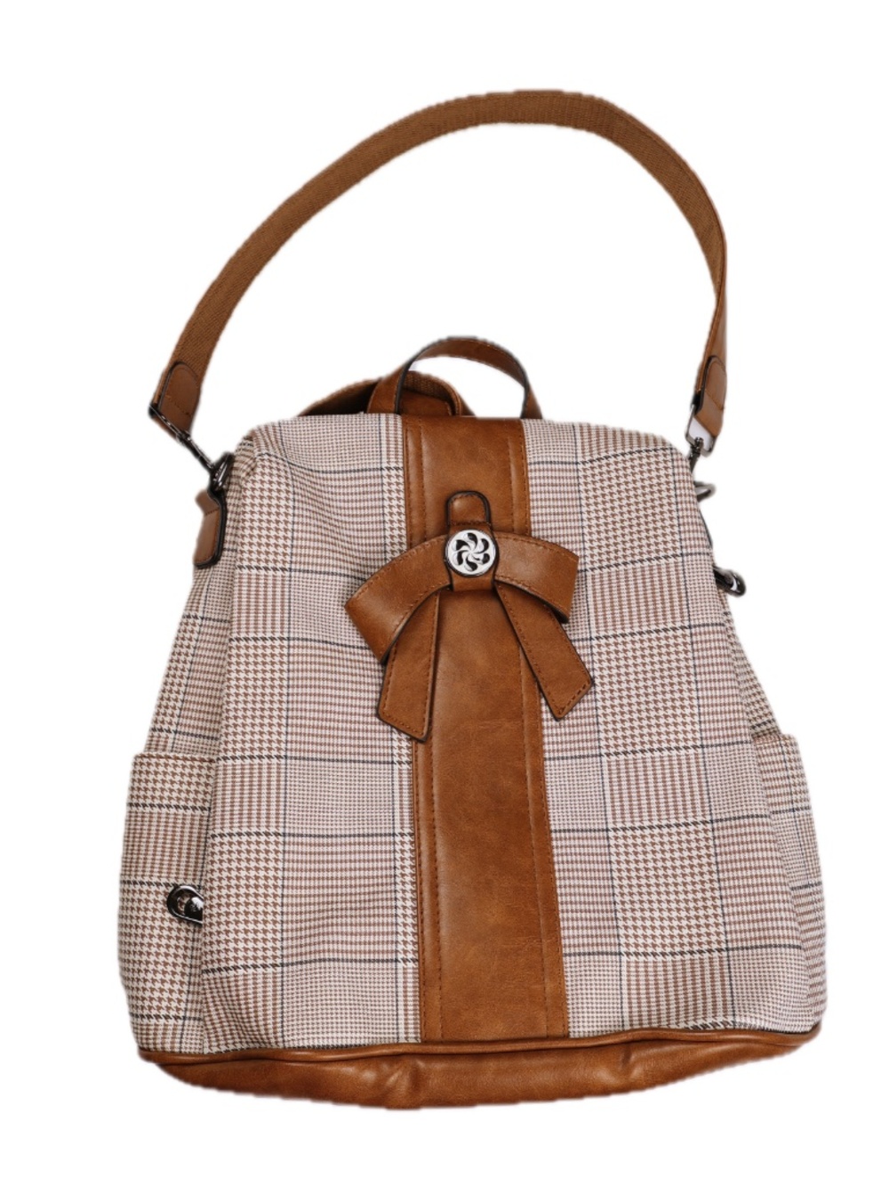 Zocai Plaid Convertible Backpack Shoulder Bag Tan Cream Bow Detachable Pouch